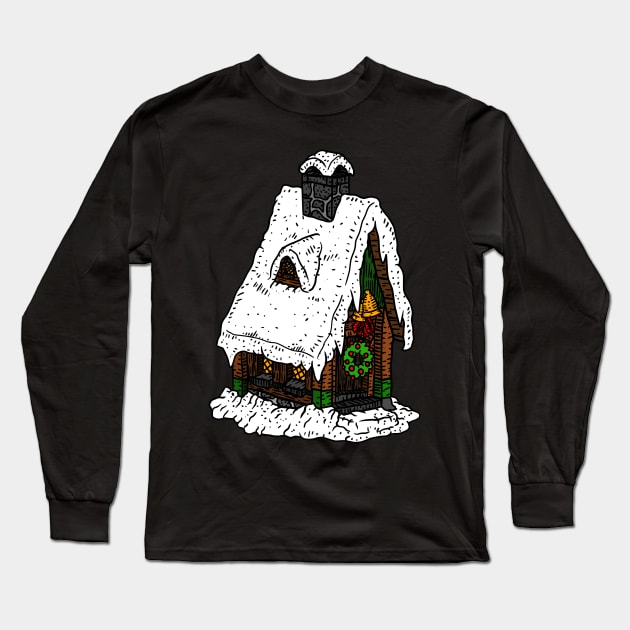 snowy Christmas fairy house, hand drawn illustration. cute. Long Sleeve T-Shirt by JJadx